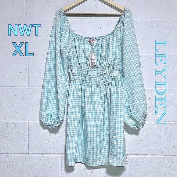 LEYDEN chambray smock elastic high waist balloon offshoulder gingham dress green - Picture 2 of 12